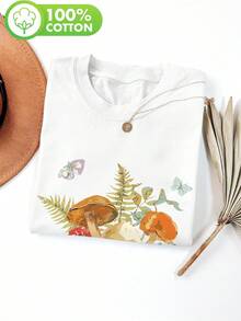 Women's Casual Summer Top, Illustrated Style, Mushroom And Butterfly Print, Short Sleeve Crew Neck T-Shirt, Winter Size, Women's Clothing - 白色 - 查看 3