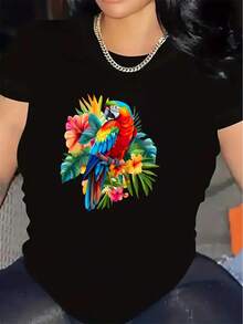 1 Short-Sleeved Polyester T-Shirt, Decorated With A Bright Parrot Pattern, Suitable For Home Decor, Durable And Lightweight, Ideal For The Living Room Or Dining Room, Comfortable To Wear, A Fashionable Choice For Casual Use. 100% Cotton, 180g. - 黑色 - 查看 11