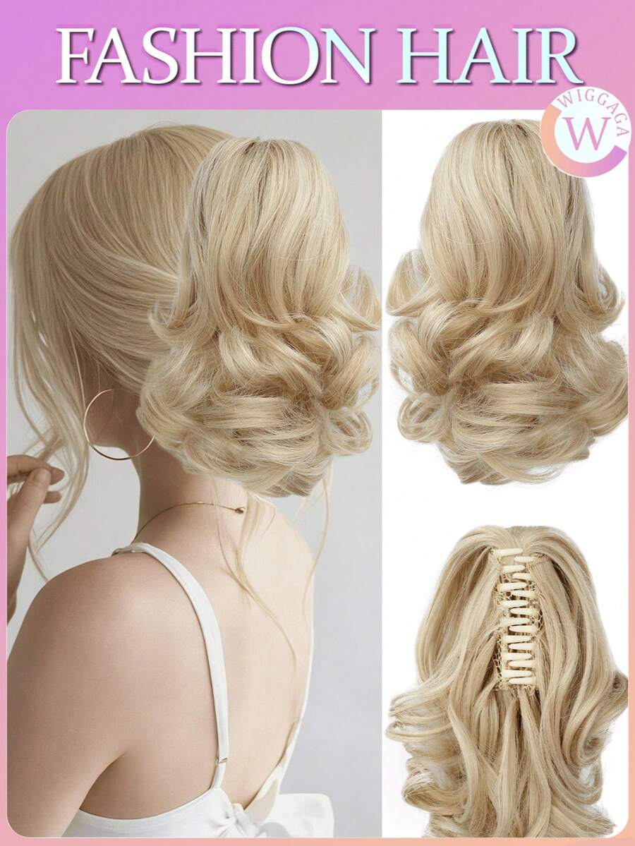 Synthetic 18" Elegant Claw Clip Ponytail - Short Curly Wavy Look, Synthetic Hair Extensions For Daily Chic, Easy-To Attach Hair Accessory For AlI Occasions Claw Clip Ponytail Extension - Gold - View 1