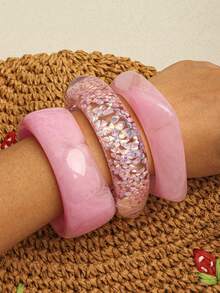Set 3 Buah Gelang Resin Asimetris Ungu Minimalis Elegan, Cocok untuk Gaya Pribadi - Bunga mengambang berwarna merah muda - View 6