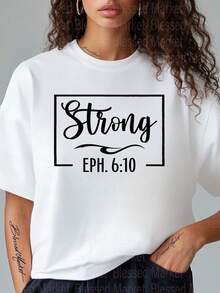 1 Women's T-Shirt With Christian Bible Verse - Printed With Ephesians 6:10 "Solid Armor Of God", Pink With Black Letters, 100% Loose Fit, Short Sleeve And Round Neck, 180g Weight, Casual Church Wear And Religious Clothing. - 白色 - 查看 1