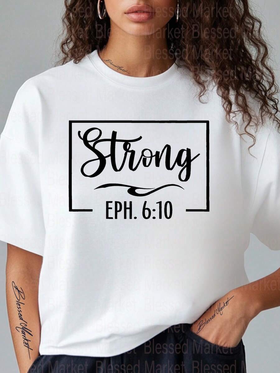 1 Women's T-Shirt With Christian Bible Verse - Printed With Ephesians 6:10 "Solid Armor Of God", Pink With Black Letters, 100% Loose Fit, Short Sleeve And Round Neck, 180g Weight, Casual Church Wear And Religious Clothing. - 白色 - 查看 1