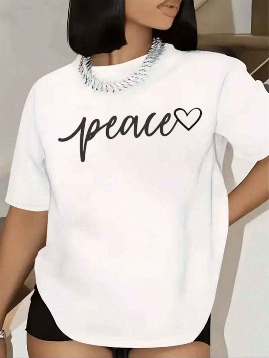 Women's T-Shirt With Peace Heart Print, Short Sleeve, Round Neck, Casual Loose Fit, Basic Blouse For Women, Women's Blouse, Urban Style T-Shirt, Casual T-Shirt For Festivals And Daily Wear. - 白色 - 查看 1