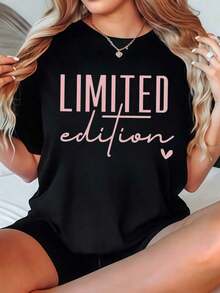 Playera Gráfica de Manga Corta Negra, Edición Limitada, Ropa Casual para Mujer - Negro - Ver 2