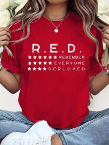 Oversized Short Sleeve T-Shirt - Friday We Wear Red Remember All Deployed Personnel, Red Friday T-Shirt, RE Commemoration T-Shirt, Fashionable Loose Top For Women, Comfortable For Everyday Wear, Suitable For Casual Activities, Breathable And Slightly Stretchy, Machine Washable, 100% Cotton - 紅色 - 查看 6