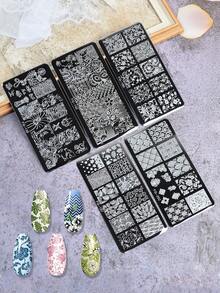 5件套花朵、叶子、边框图案美甲印花板，DIY美甲印花工具 - 銀色 - 查看 6
