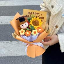 Handmade Yarn Flower Knitted Doll Sunflower Bouquet, Creative Graduation Season Gift For Boys And Girls, Birthday Present - Blue - Simple Graduation Boy Style - View 11