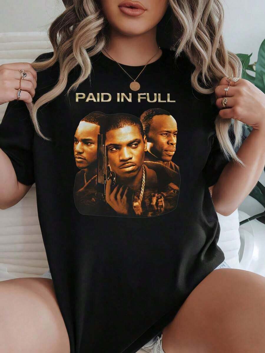 Camiseta de Mujer 2026, Corte Holgado, Opciones en Blanco y Negro, Estampado de Película, Camisetas Casuales para Uso Diario, Tops de Verano, Camisetas Gráficas, Conjuntos de Verano para Mujer, Camisetas Cortas para Mujer, Blusas para Mujer, Ropa Casual de Algodón Vintage y Bonita para Mujer - Negro - Ver 1