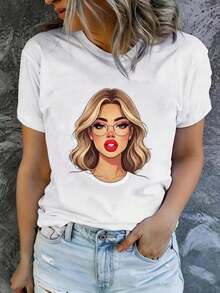 Casual Crew Neck T-Shirt, Plus Size Women's T-Shirt, Printed T-Shirt For Women, Printed With A Cartoon Blonde Woman With Glasses - Fun Print, Machine Washable, Casual And Versatile, Loose And Comfortable, A Perfect Gift For A Good Friend. - 白色 - 查看 8