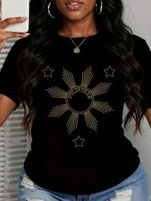 Camiseta de manga corta casual para mujer, oversize, blanca, con estampado de sol y estrellas de Filipinas, para uso diario y celebración del orgullo nacional, 100% algodón. - Negro - Ver 2