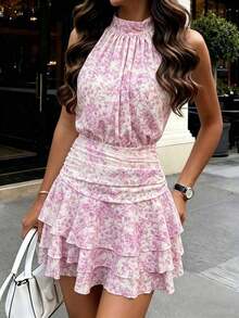 Vestido elegante y romántico de lunares en blanco y negro con cuello halter, cintura ajustada, volantes plisados, vestido corto, nuevo vestido de primavera/verano, vestido para cita de San Valentín, vestido casual de vacaciones, vestido romántico, vestido corto multicapa con volantes de primavera/verano, vestido francés, vestido de cumpleaños, vestido de vacaciones en la playa, vestido de invitada de boda, vestido elegante de fiesta - Rosa 2 - Ver 4