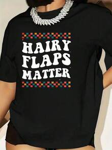Camiseta de manga corta con cuello redondo suave para mujer, con estampado de letras del alfabeto, compatible con letras en inglés, blusa casual elegante, lavable a máquina, top para primavera y verano, uso diario. - Negro - Ver 7