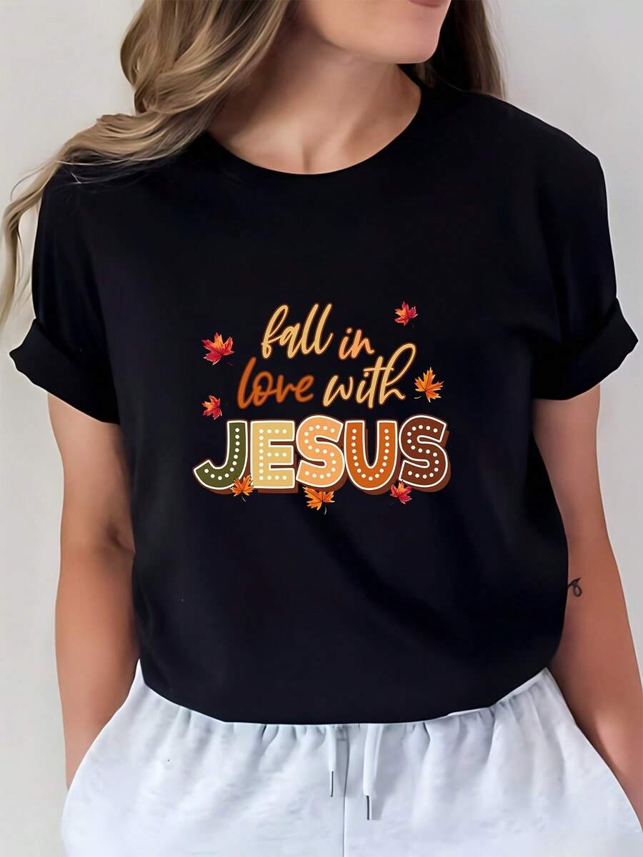 Camiseta "Enamórate de Jesús" de la Sra. Ke - Camiseta suave de manga corta, un regalo perfecto para amigos y familiares, ideal para fiestas de Acción de Gracias y Navidad, top festivo de manga corta, ropa con temática religiosa. Camiseta cómoda y versátil de manga corta. - Negro - Ver 1