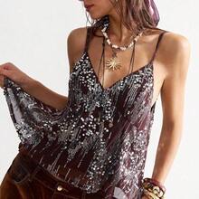 Ropa de abrigo bohemia para invierno/primavera/verano, parte superior de tirantes elegante con volantes y lentejuelas de unicolor para mujer, estilo occidental y campestre para conciertos y fiestas, adecuado para vacaciones en la playa, uso diario, vuelta al colegio, salidas y fiestas, Año Nuevo, San Valentín - Naranja - Ver 9