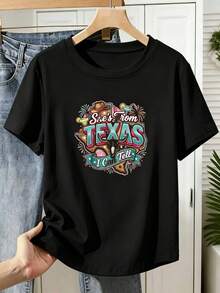 Limited Time Offer, Limited Quantities, Flash ! Women's Casual Shirts, Women's Polyester T-Shirts, Elegant Shirts. Women's T-Shirt With Floral And Bull Head Print: Solid Color, Short Sleeves, Crew Neck, Breathable And Comfortable, Ideal For Various Occasions Such As Casual, Modern, And Western-Style Looks. Machine Washable And Suitable For Spring, Summer, And Fall. - 黑色 - 查看 8