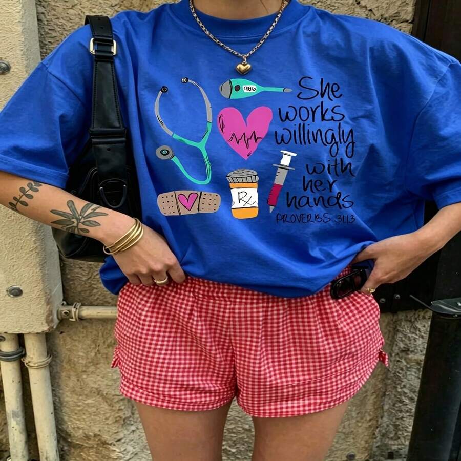 Heartfelt Daily Casual Graphic T-Shirt 100% Cotton Oversized Soft Breathable Casual Crewneck Short Sleeve Top Cute Aesthetic Minimal Lifestyle For Casual Wearers Fashion Lovers Daily Outfit Enthusiasts Gift Givers - 藍色 - 查看 1