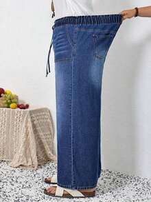 Tall CURVE Pantalones vaqueros de talla grande para mujer de primavera y verano con cintura con cordón, bolsillos, pierna ancha, sueltos, cómodos, elásticos y de tela vaquera con estiramiento - Azul lavado oscuro - Ver 3