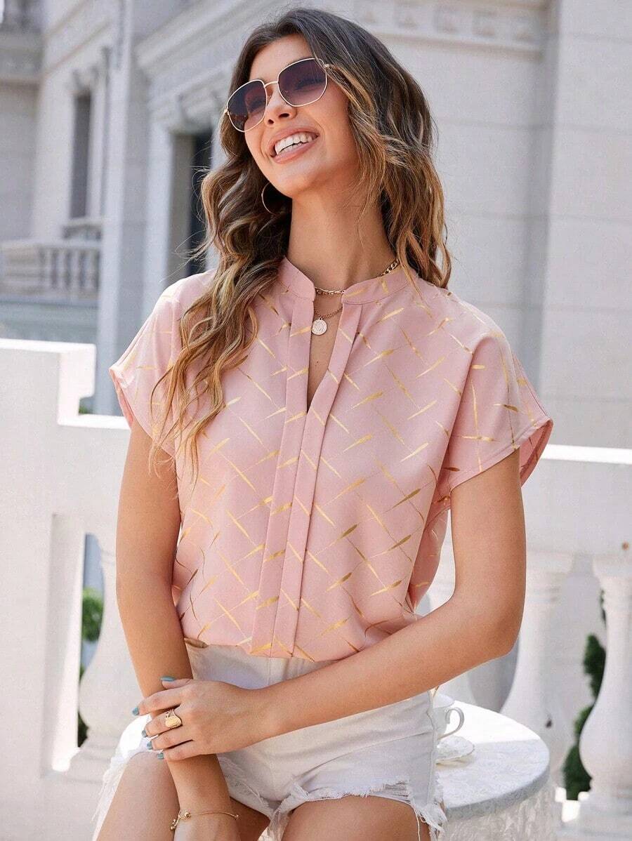 LUNE Blusa de mangas de murciélago con cuello en pico y estampado de rombos en dorado, tops de manga corta - Rosa vieja - Ver 1