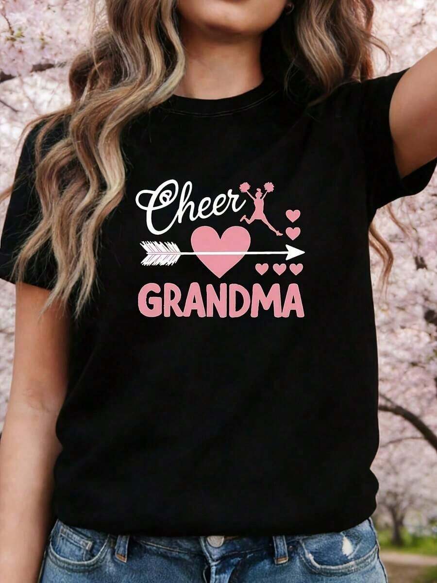 Women's "Cheer GRANDMA" Print T-Shirt, Perfect For Cheerleading Events And Team Gatherings. This Vibrant And Stylish Short-Sleeved T-Shirt Is Ideal For Casual Outings. - 黑色 - 查看 1