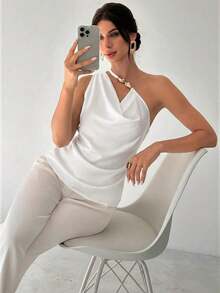 Top sin mangas de diseño de cuello asimétrico elegante de unicolor - Blanco - Ver 6
