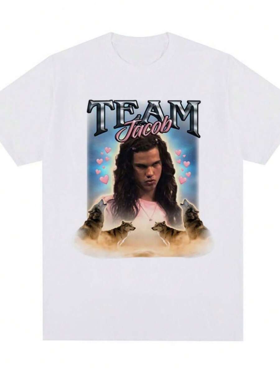 Women's T-ShirtsTeam Jacob Team Edward Graphic T-Shirt Funny Meme Short Sleeve T-Shirts Men Women Fashion Cotton Oversized T Shirts Streetwear - 白色 - 查看 1
