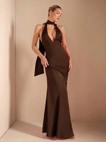 Vestido con escote en V profundo, tirantes de espagueti, cintura con amarre y espalda descubierta, elegante y sexy, adecuado para cócteles, citas románticas, como capa base en otoño/invierno, fiestas, bodas, Halloween, Navidad - Café integral - Ver 3