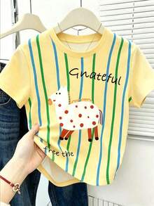 Camiseta de manga corta con estampado floral romántico para mujer - Amarillo claro - Ver 1