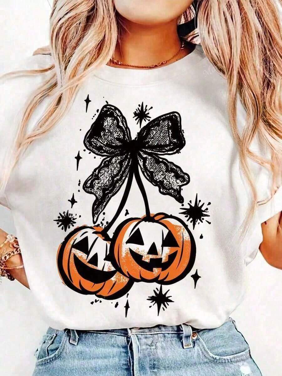 Unisex  Printed T-Shirt 2025 Street Retro Style Pattern Fashionable Design Limited Edition Hot Recommendation Halloween Nightmare Before Christmas Casual Pumpkin & Bow Lace Print Round Neck Short Sleeve T-Shirt For Women - 白色 - 查看 1