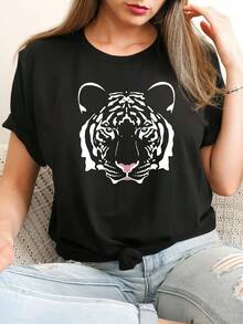 Suave, transpirable y ligera para comodidad durante todo el día. Talla grande - Talla grande - Camiseta casual para mujer.| Top de manga corta con cuello redondo y estampado de tigre para pr - Negro - Ver 1