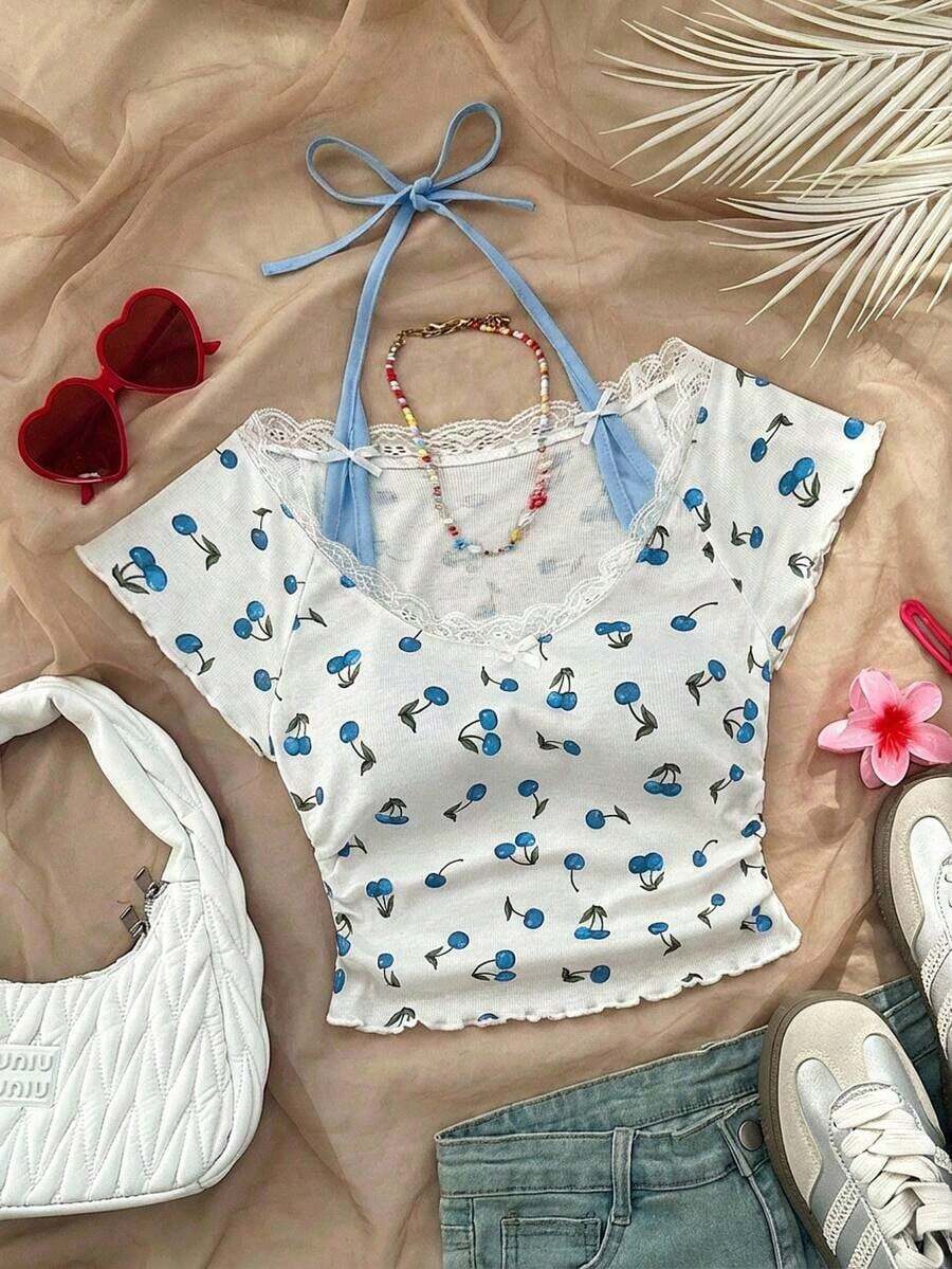 Camisa de verano casual de vuelta al colegio con cuello de encaje vintage estampado de cerezas rojas y blancas, diseño de contrastes y lazo decorativo, estilo ballet, 2 en 1 para mujer - Azul y blanco - Ver 1