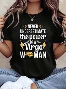 1 Piece Of 100% Cotton Cropped T-Shirt, Casual Round Neck With Print, Virgo Women's, Breathable Short Sleeve For Everyday Wear - 黑色 - 查看 1