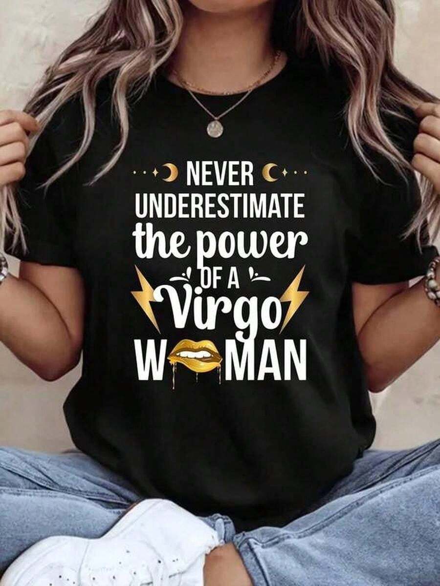 1 Piece Of 100% Cotton Cropped T-Shirt, Casual Round Neck With Print, Virgo Women's, Breathable Short Sleeve For Everyday Wear - 黑色 - 查看 1