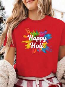Camiseta cómoda de color sólido para mujer de Graphic Tees, ideal para celebrar la temporada navideña, 100% algodón. - Rojo - Ver 1