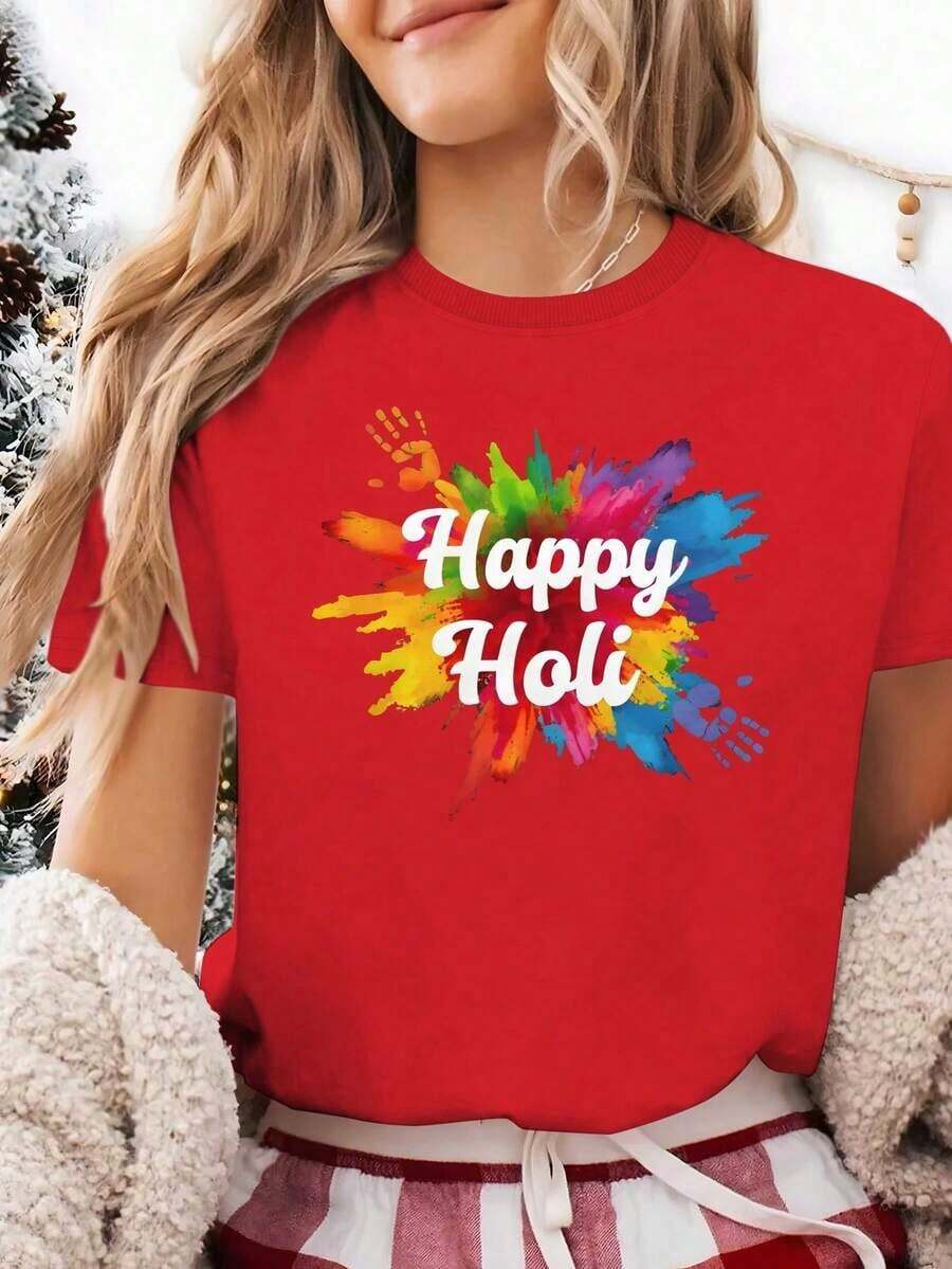 Camiseta cómoda de color sólido para mujer de Graphic Tees, ideal para celebrar la temporada navideña, 100% algodón. - Rojo - Ver 1