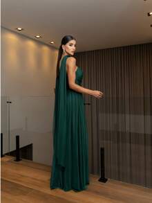 Long Dress With Cape For Wedding, Evening, Or Graduation. - Dark Green - View 2