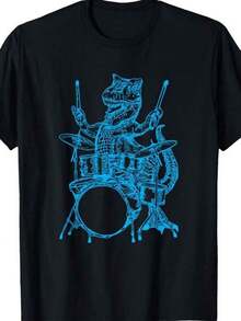 Women's Short-Sleeved T-Shirt With Round Neck And Print, Dinosaur Playing Drums With Blue Outline, Sizes S-3XL, Fashionable, Comfortable And Breathable, Machine Washable. - 黑色 - 查看 1