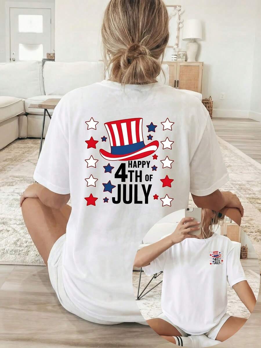 [Double-Sided Print] Women's Short-Sleeved, Crew-Neck T-Shirt In A Casual Style, Featuring A US Independence Day Print That Combines The Star-Spangled Banner With Star-Shaped Text. Machine Washable, Suitable For Casual Wear, Versatile Clothing, A  And Fashionable T-Shirt Made Of Comfortable Material, Perfect For Fashion Enthusiasts. - 白色 - 查看 1