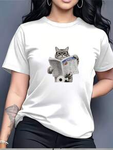 Camiseta con Estampado de Gato Divertido - Suave y cómoda, de manga corta, un regalo perfecto para amigos y familiares, adecuada para uso diario casual, vestimenta de oficina y actividades de team-building. Camiseta de manga corta cómoda y versátil. - Blanco - Ver 7