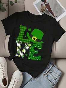 Women's Bohemian Crew Neck T-Shirt With St. Patrick's Day Print, Short Sleeve, Casual Festival Wear, Cotton T-Shirt - 黑色 - 查看 3