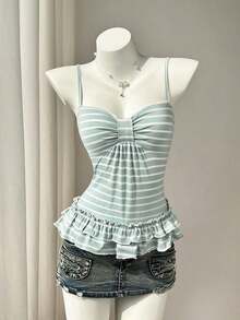 Camiseta ajustada con pliegues en el busto a rayas rosas para el verano - verde menta - Ver 7