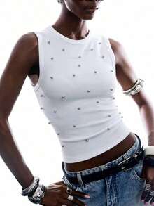 Camiseta de mujer con tachuelas, adecuada para citas, festivales de música, fiestas - Blanco 2 - Ver 7