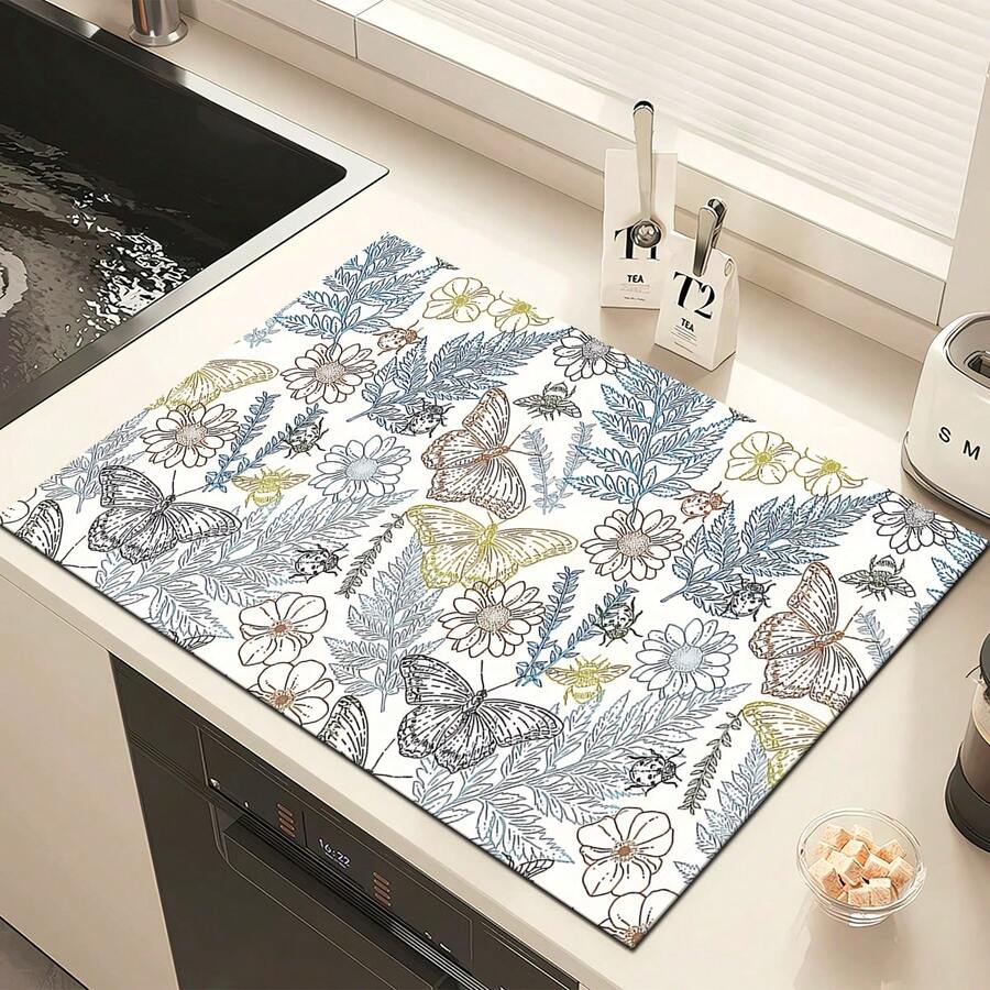 1 pieza Alfombrilla absorbente para secar platos con estampado de mariposa y flores, alfombrilla absorbente para encimera de máquina de espresso, alfombrilla absorbente para fregadero, alfombrilla absorbente suave para grifos, alfombrilla absorbente para tazas de fregadero, accesorios para el hogar y la cocina, accesorios de baño - Multicolor - Ver 1