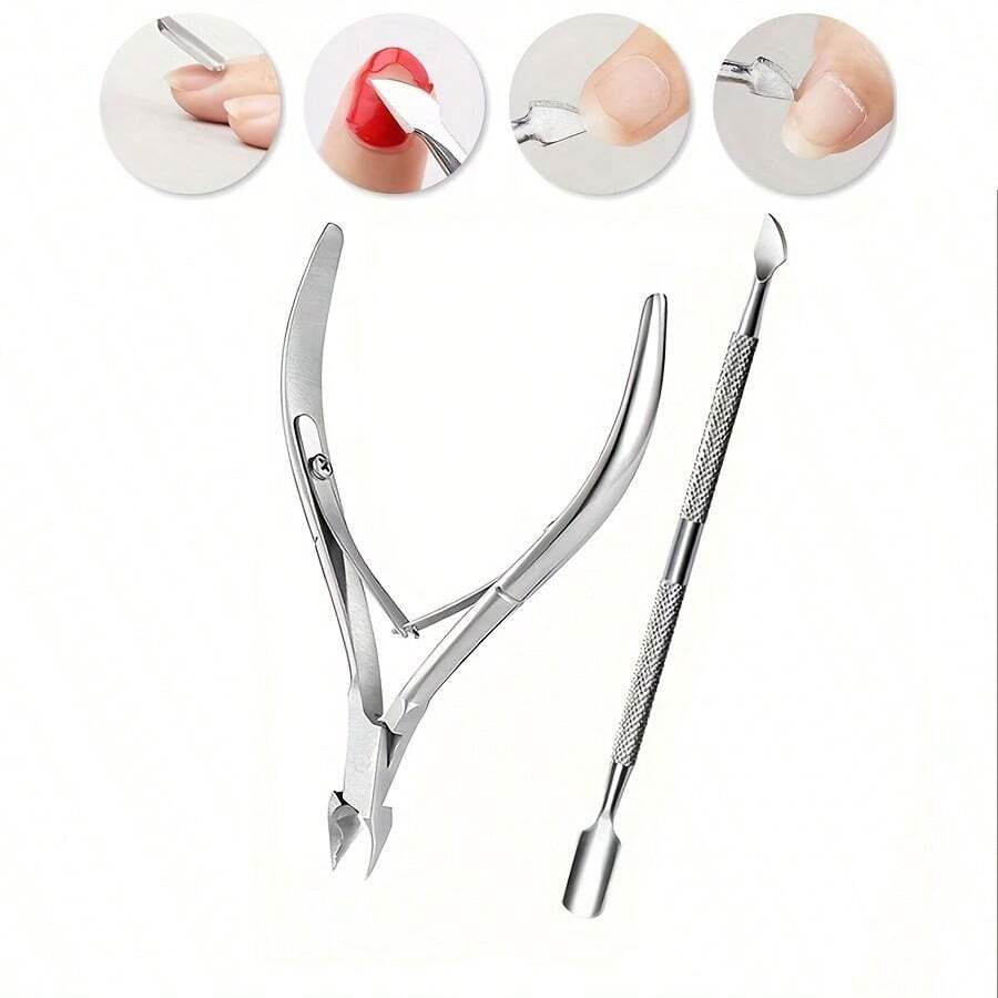 Bộ 2 dụng cụ làm móng gồm 1 kìm cắt móng bằng thép không gỉ và 1 dụng cụ đẩy biểu bì, dụng cụ chăm sóc móng có thể tái sử dụng, phù hợp cho sử dụng tại nhà và salon. - Bạc - Xem 1