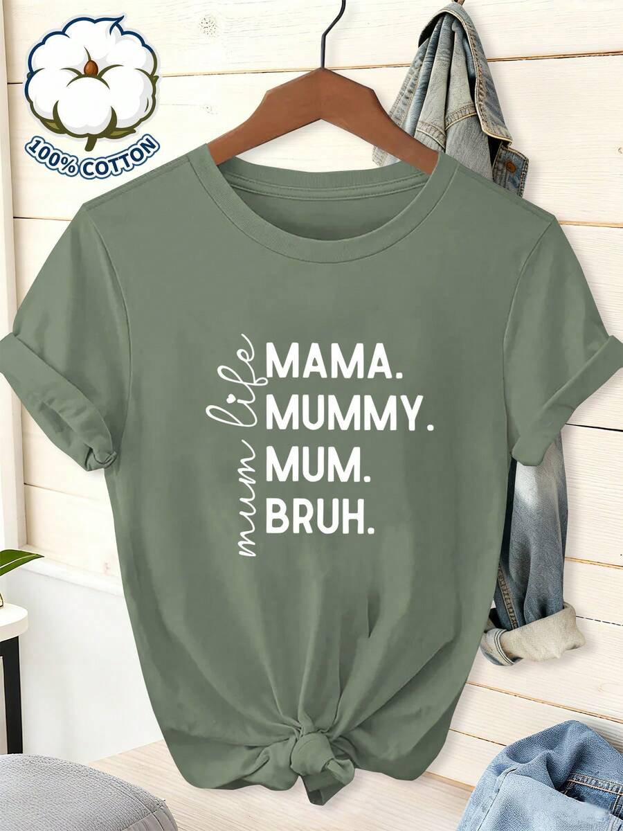 100% Purísima Short Sleeve Round Neck T-Shirt With Printed Design And Mixed Fonts, Including Words Like MAMA, MUMMY, MUM, BRUH, And The Handwritten Phrase 'Mum Life', Creating A Fun Typographic Design With A Versatile And Comfortable Fabric - Green - View 1