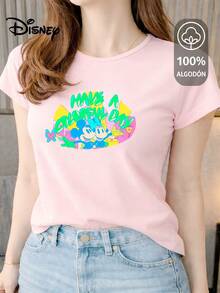 Women's T-Shirt Made Of 100% High-Quality Cotton, This T-Shirt Guarantees Exceptional Softness To The Touch, Round Neck With "Disney Mickey & Minnie Have A Colorful Day" Print And Short Sleeves - 粉色 - 查看 1