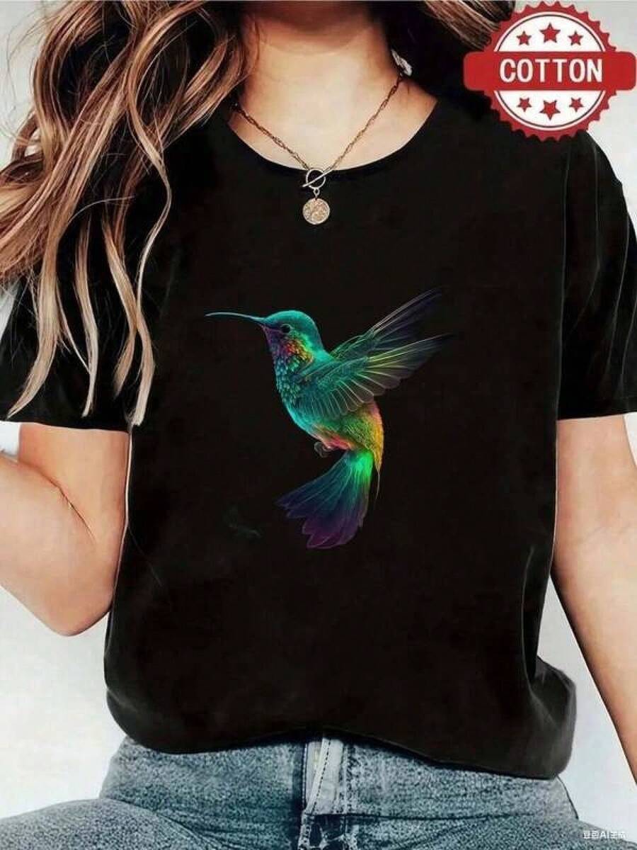 1 Piece T-Shirt 180g 100% Cotton Unisex Loose Fit. 1 Piece T-Shirt 180g 100% Cotton Unisex Loose Fit. Cotton T-Shirt With A Vibrant Hummingbird Design, Y2K Style, Perfect For Urban Fashion Lovers In Mexico. It Stands Out For Its Colorful Visual Art, Ideal For A Fresh And Unique Look. Available Only In One Piece, Ideal To Combine With Your Everyday Style. Comfortable And Versatile For School, Work, Outings, And Casual Events. - 黑色 - 查看 1