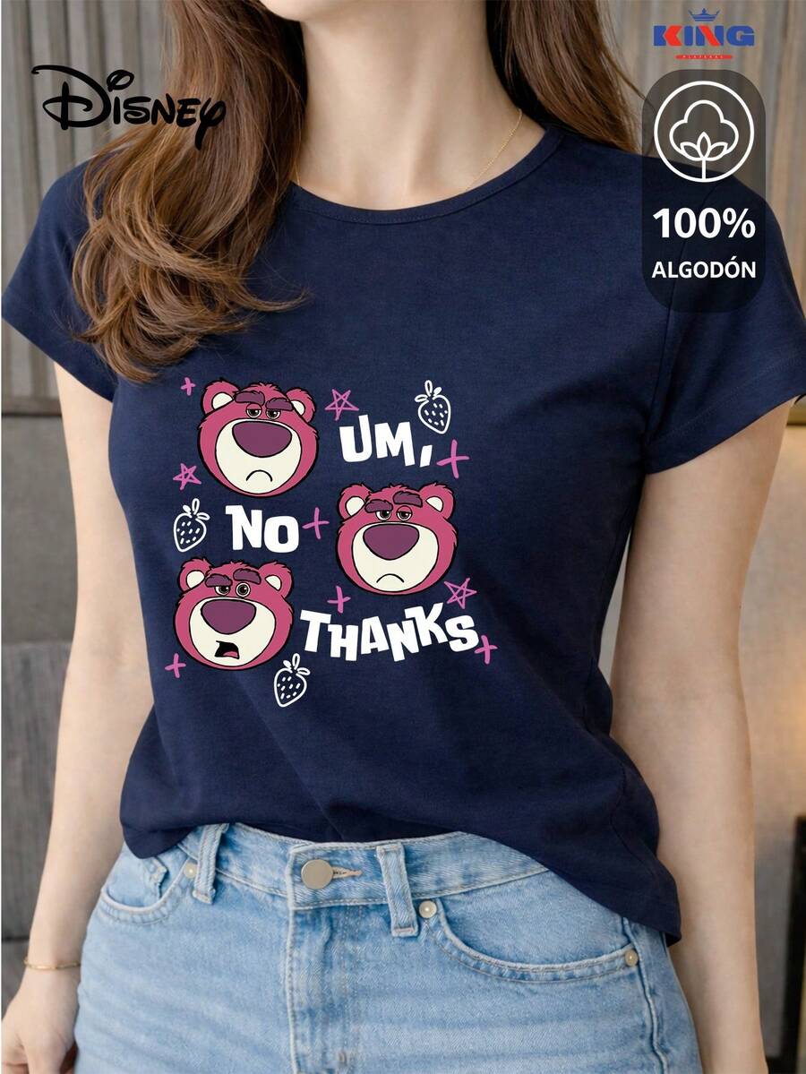 This 100% Cotton T-Shirt Is Of Excellent Quality, Guaranteeing Exceptional Softness To The Touch. It Features A Round Neck With A "Disney No Thanks" Print And Short Sleeves. - Màu xanh hải quân - Xem 1