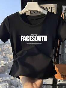 Short-Sleeved T-Shirt With Round Neck And Custom Letter Print, Starry Sky Print T-Shirt, Solid Black, Summer Novelty, Sexy And Elegant Top - Unisex Loose Cotton Short-Sleeved T-Shirt With Round Neck Urban Vintage Style. - 黑色 - 查看 7