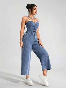 Unity Mono vaquero casual con pierna ancha y cordón delantero para mujer - Azul lavado medio - Ver 4
