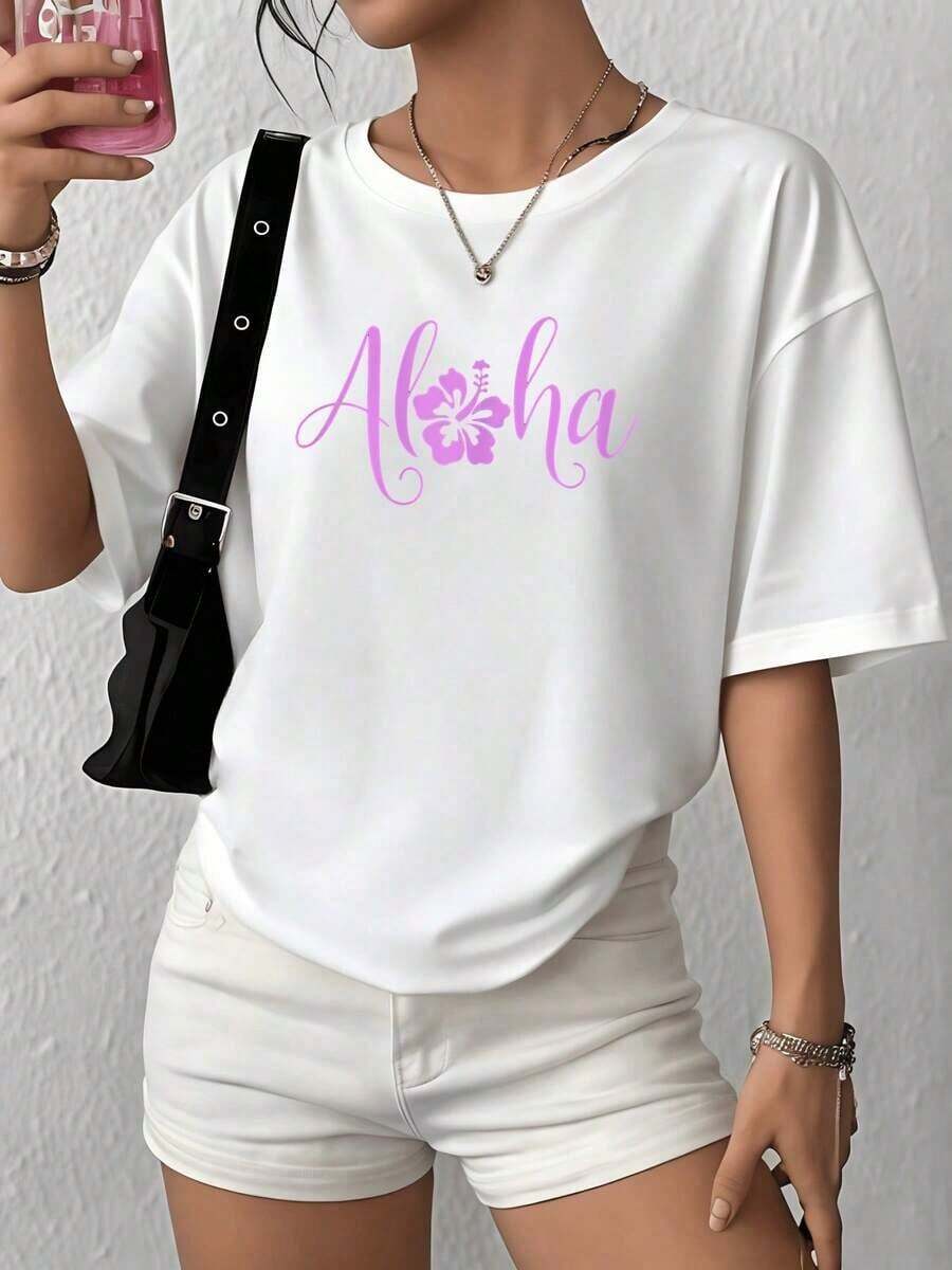 100% Cotton. The Word Aloha Alongside A Pink Hibiscus Flower Symbolizes The Warmth Of Hawaii And The Positive Energy Of The Sea. Women's 100% Cotton Soft And Comfortable Summer T-Shirt. Women's Simple Solid Color T-Shirt, Loose And Slim Fit Casual Short Sleeve - 白色的 - 查看 1